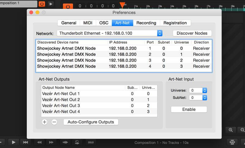 Art-Net setup in Vezér with a Showjockey DMX-E4 node